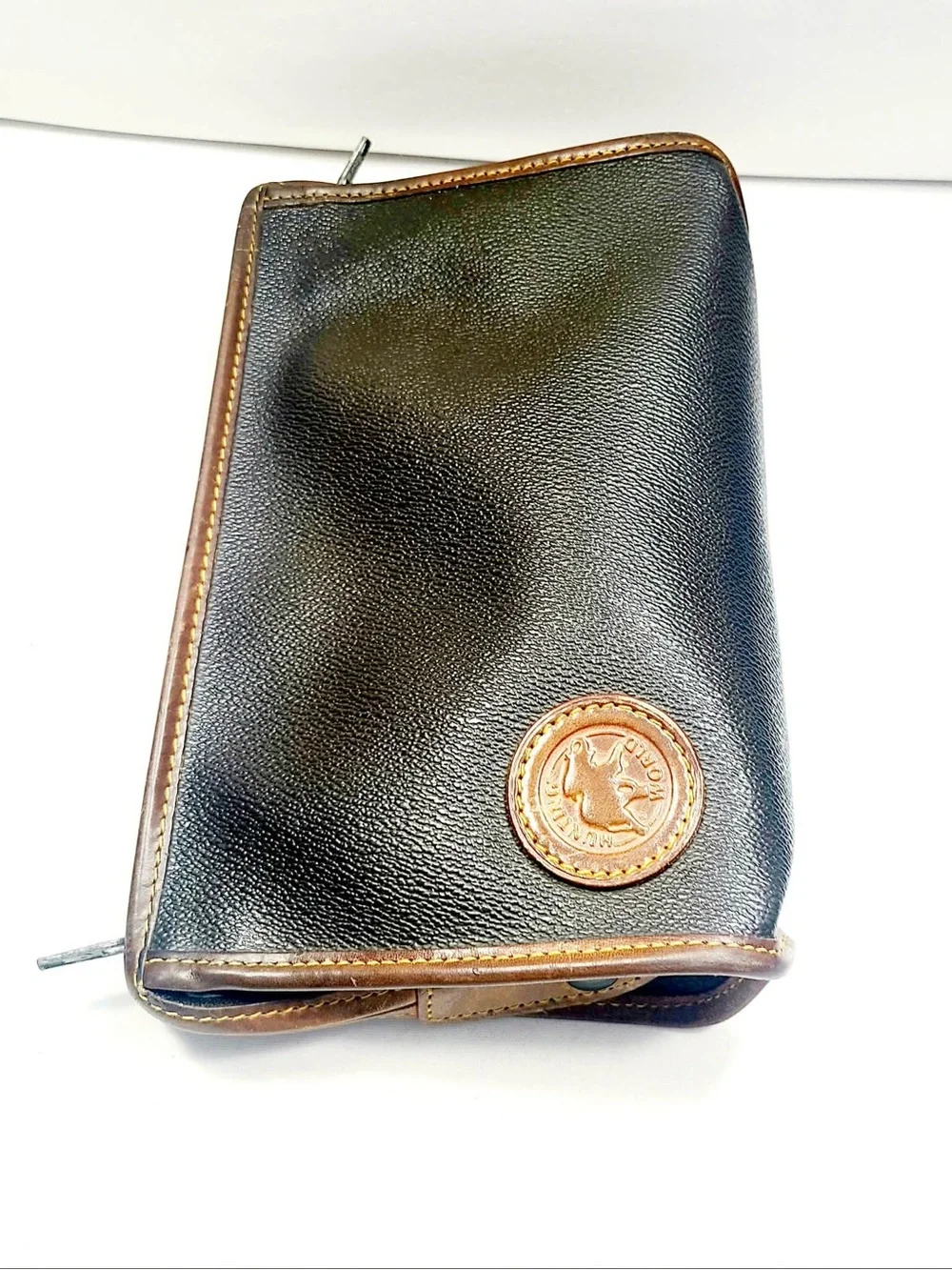 Men's Black Leather Zip Pouch with Brown Trim